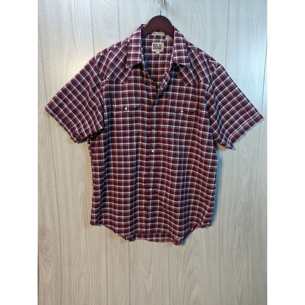 ELY Cattleman Mens XL Red Plaid Pearl Snap Button Up Shirt Short Sleeve